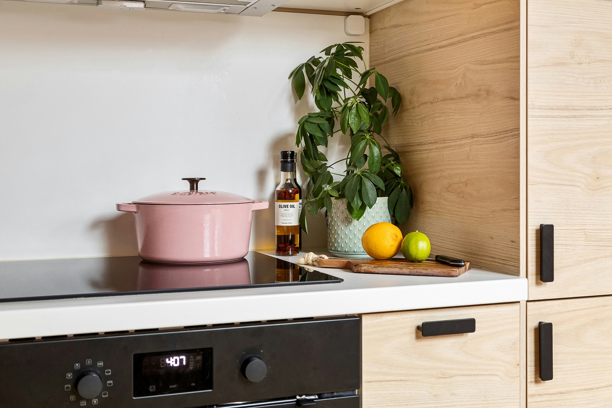 electric cooktop on a white laminate countertop